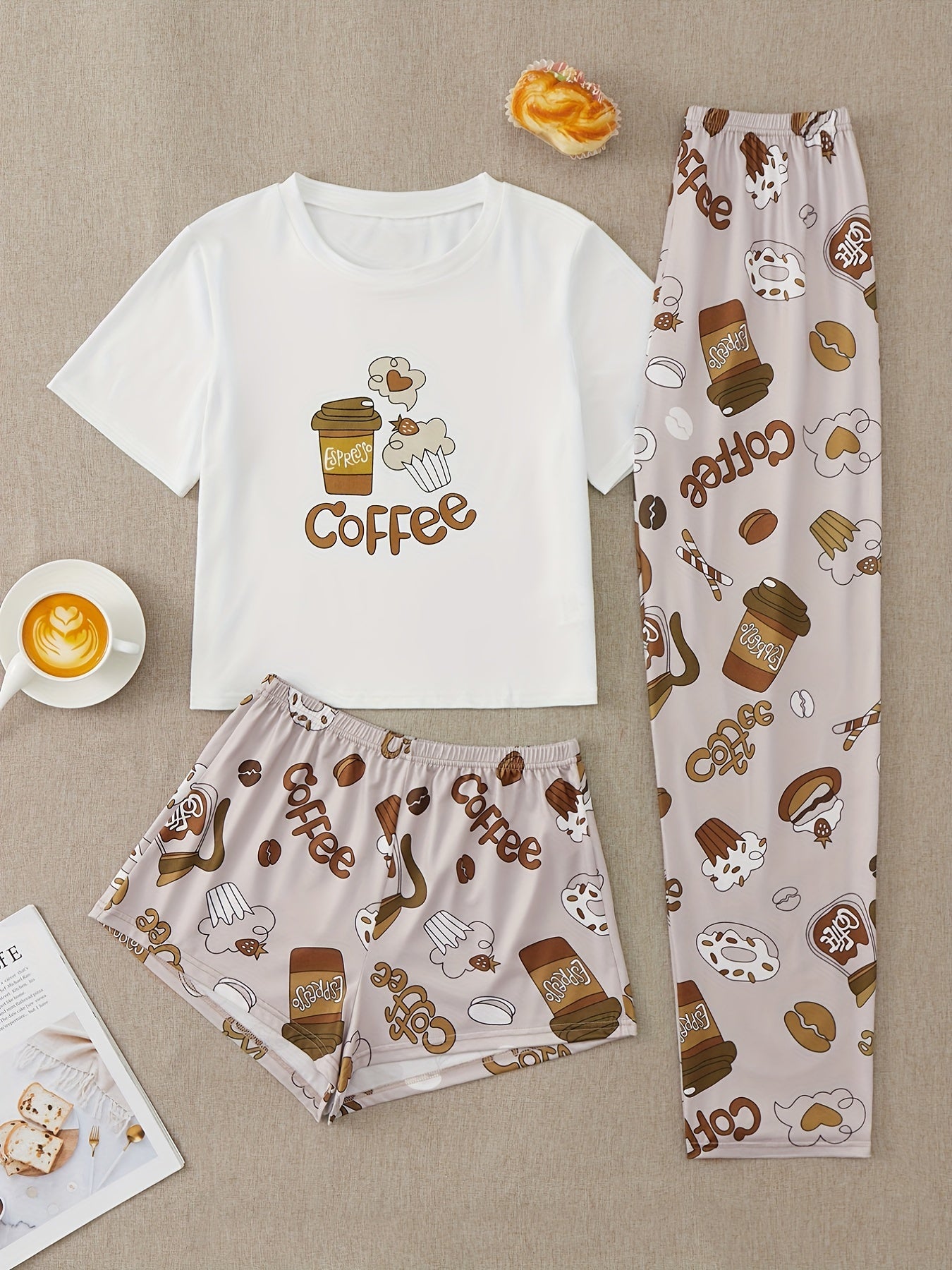 Casual Pajamas Set Women's Letter Print Tee & Coffee Shorts