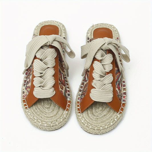 Women's Retro Flower Flat Sandals Lace-Up Espadrilles Comfortable Summer Shoes