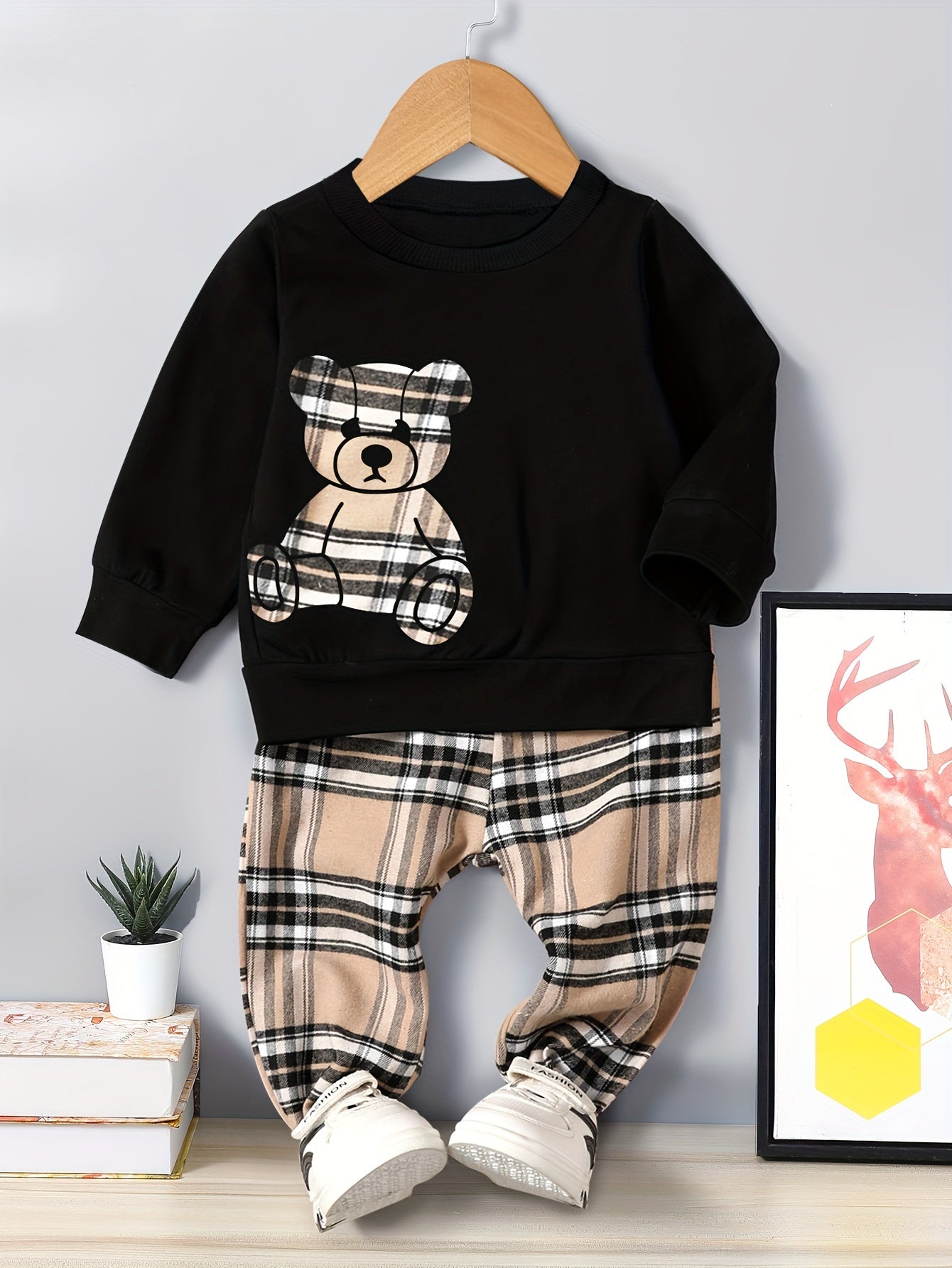 Baby Boys Cartoon Bear Tops Plaid Trousers Set Kids Clothes