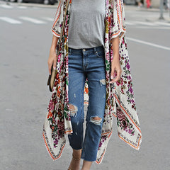Floral Print V Neck Chiffon Blouse Long Sleeve Cover Up