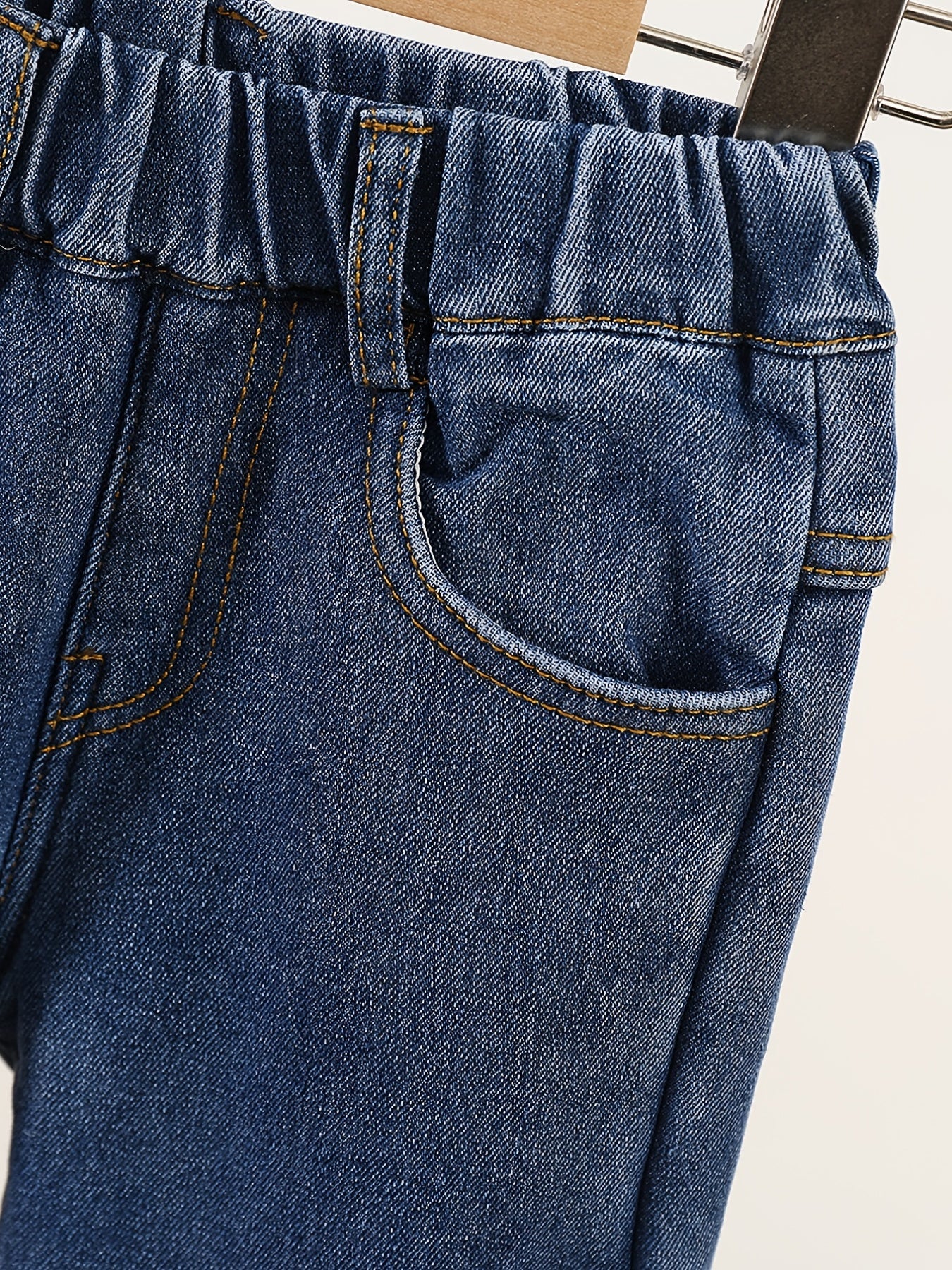 Girls Fleece Jeans Milk Tea Chips Embroidery Elastic Waist Denim Pants