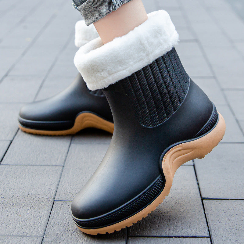 Women's Waterproof Mid Calf Boots Fleece Lined Platform Rain Boots