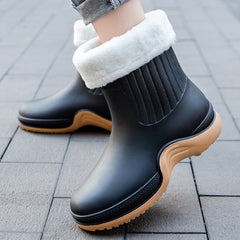 Women's Waterproof Mid Calf Boots Fleece Lined Platform Rain Boots