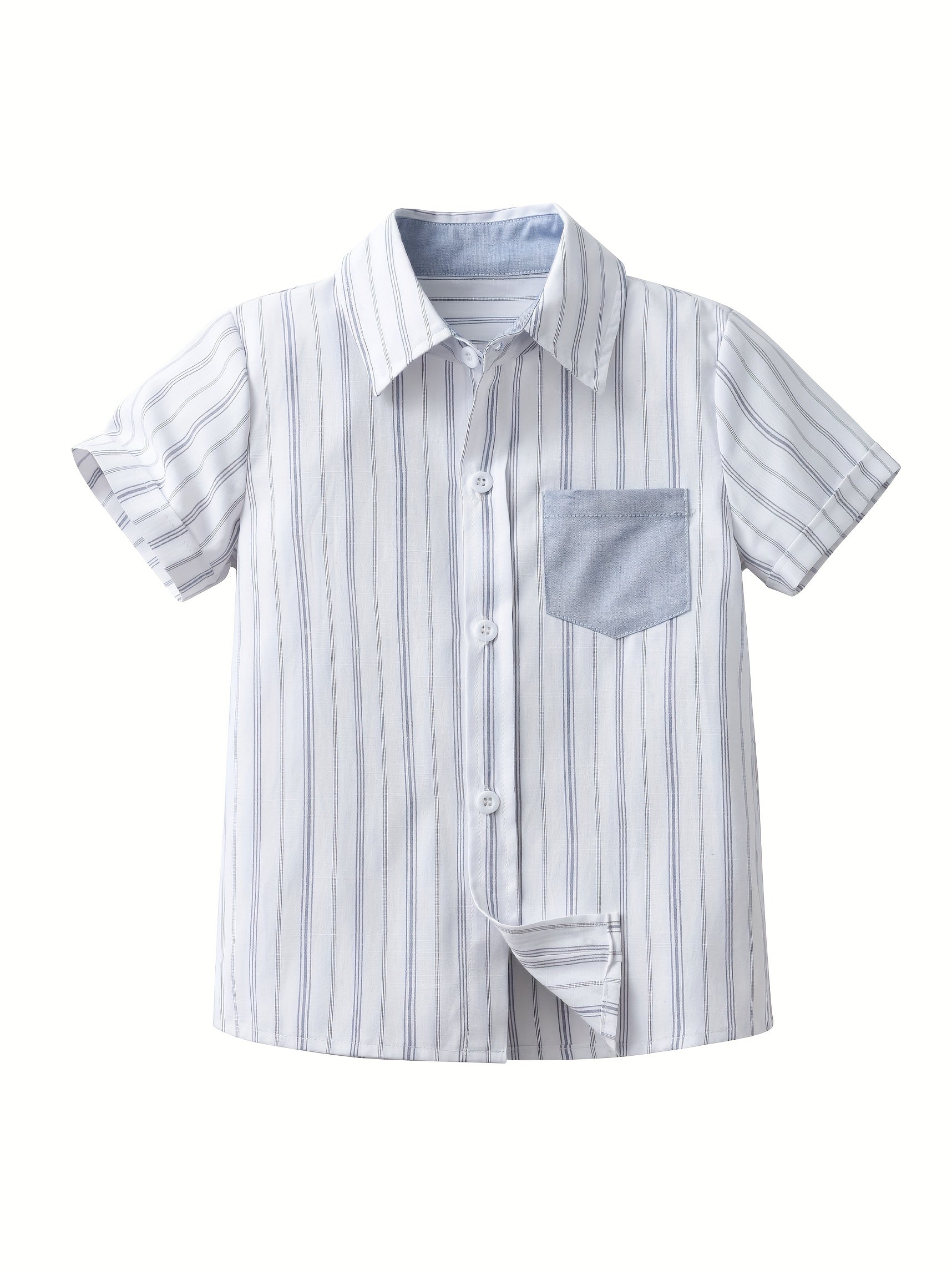 Boys Striped Shirt with Pocket Short Sleeve Lapel Shirt