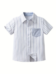 Boys Striped Shirt with Pocket Short Sleeve Lapel Shirt