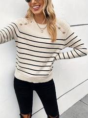 Striped Button Decor Pullover Sweater Crew Neck Long Sleeve