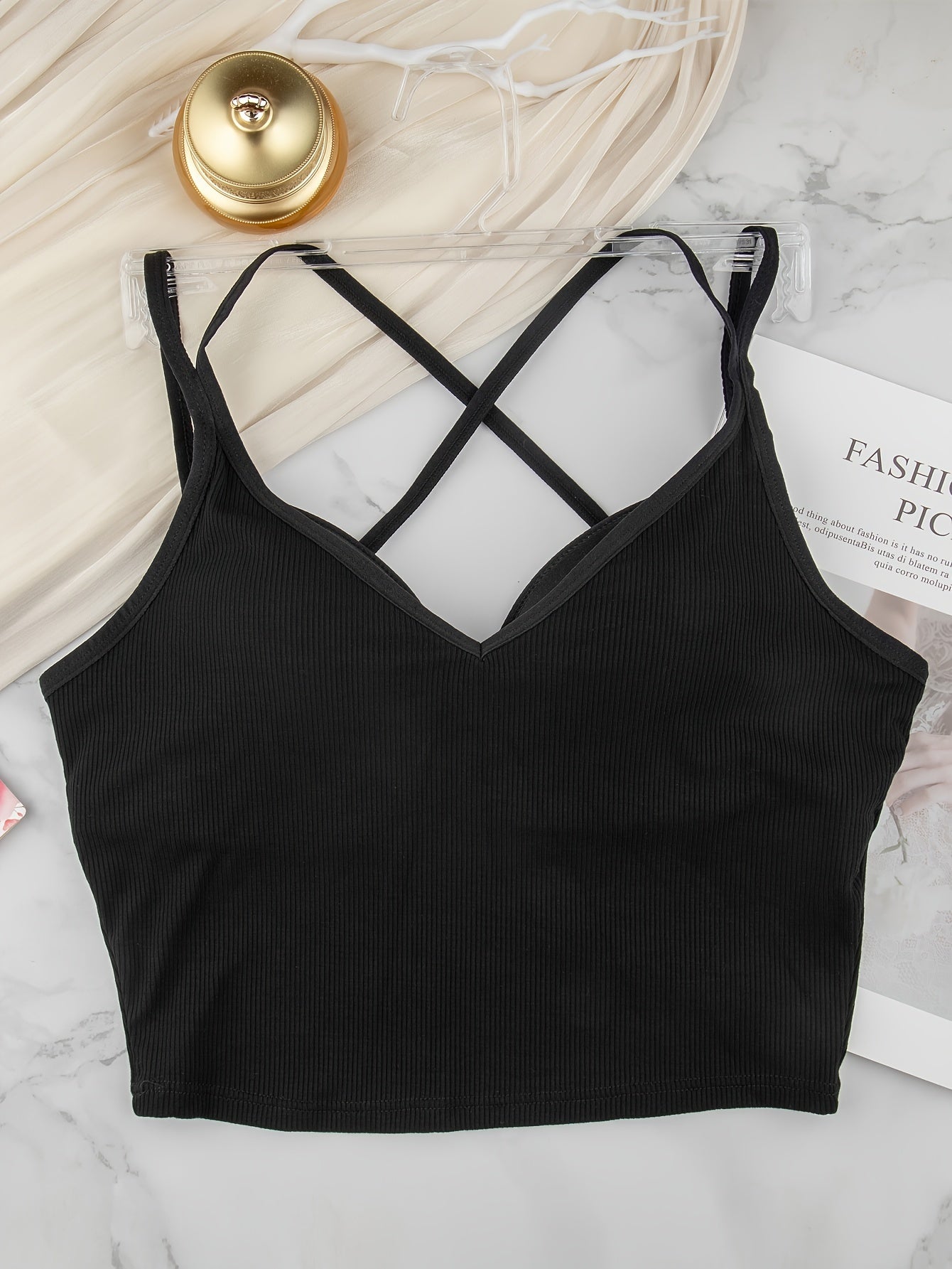 Solid Cami Top Criss Cross Back Padded Top Women's Lingerie