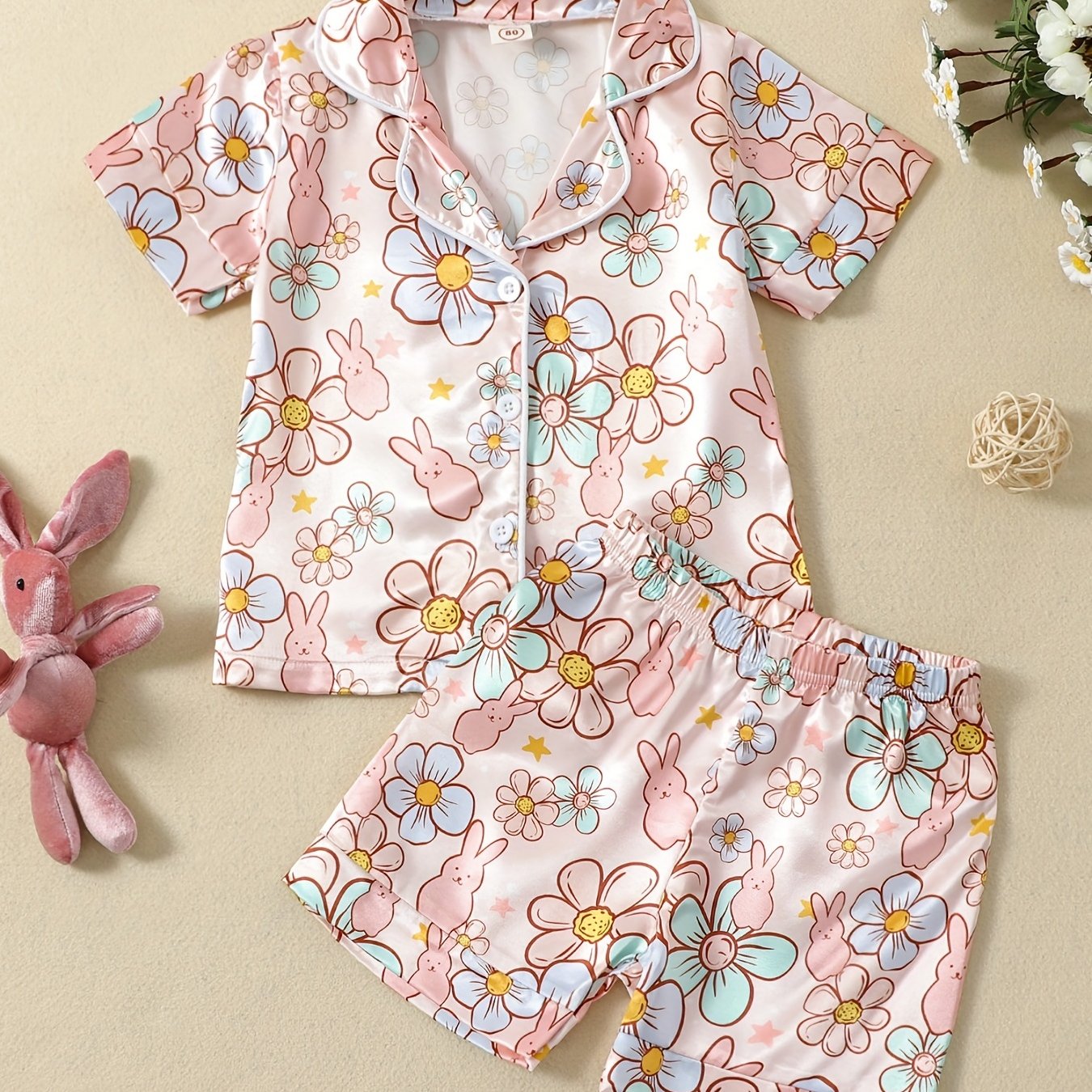 Flower & Bunny Print Pajama Set Baby Girls Loungewear