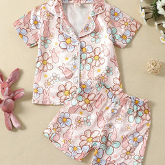 Flower & Bunny Print Pajama Set Baby Girls Loungewear