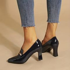 Women's Pointed Toe Court Pumps Slip On Patent Leather Block Heels