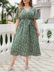 Plus Floral Print Flutter Sleeve Surplice Neck Midi Dress With Belt