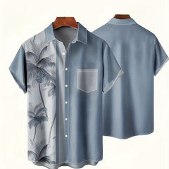 Men's Casual Coconut Tree Pattern Short Sleeve Shirt With Pocket