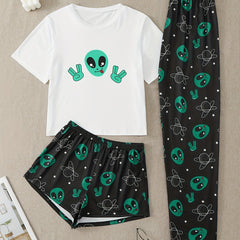 Alien Print Pajama Set Short Sleeve Crew Neck Top & Elastic Waistband Shorts
