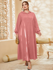 Solid Button Up Maxi Hooded Shirt Dress