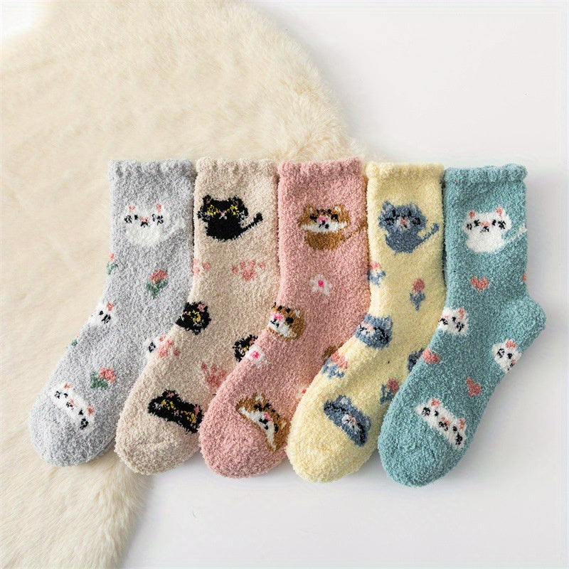 5 Pairs Cute Cat Print Fuzzy Socks for Women