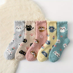 5 Pairs Cute Cat Print Fuzzy Socks for Women