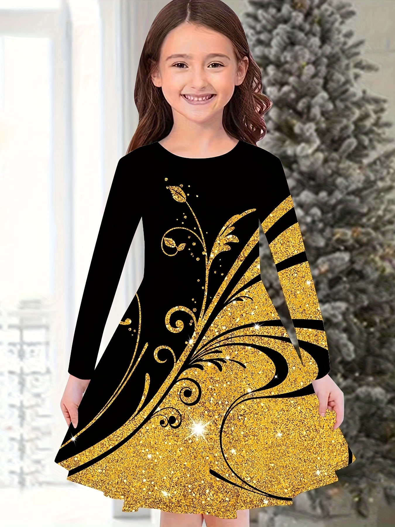 Girls 3D Flower Graphic Long Sleeve Dress Spring Fall Party Gift