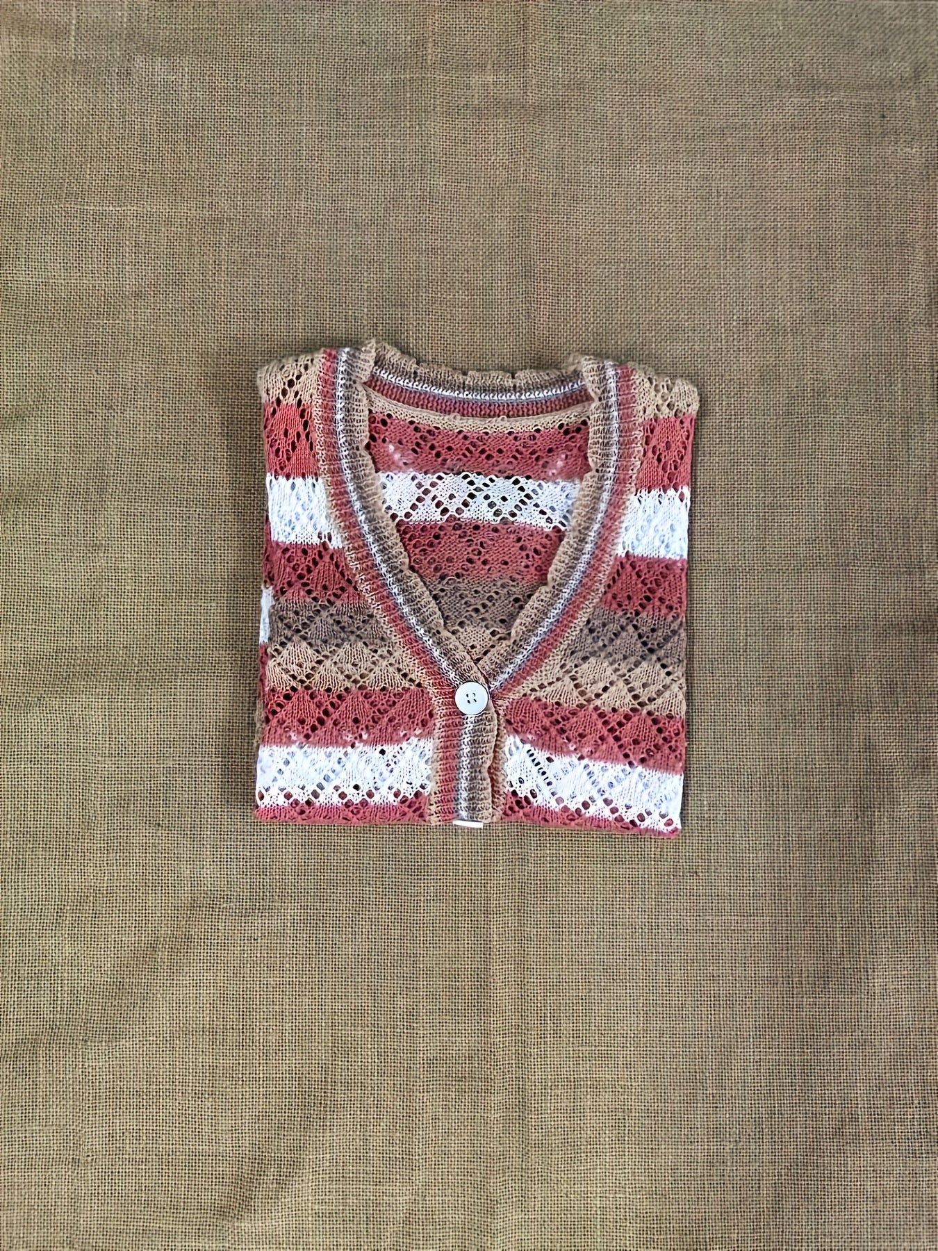 Striped Print Cover Up Shirt V Neck Long Sleeves Knitted Beachwear Cardigan