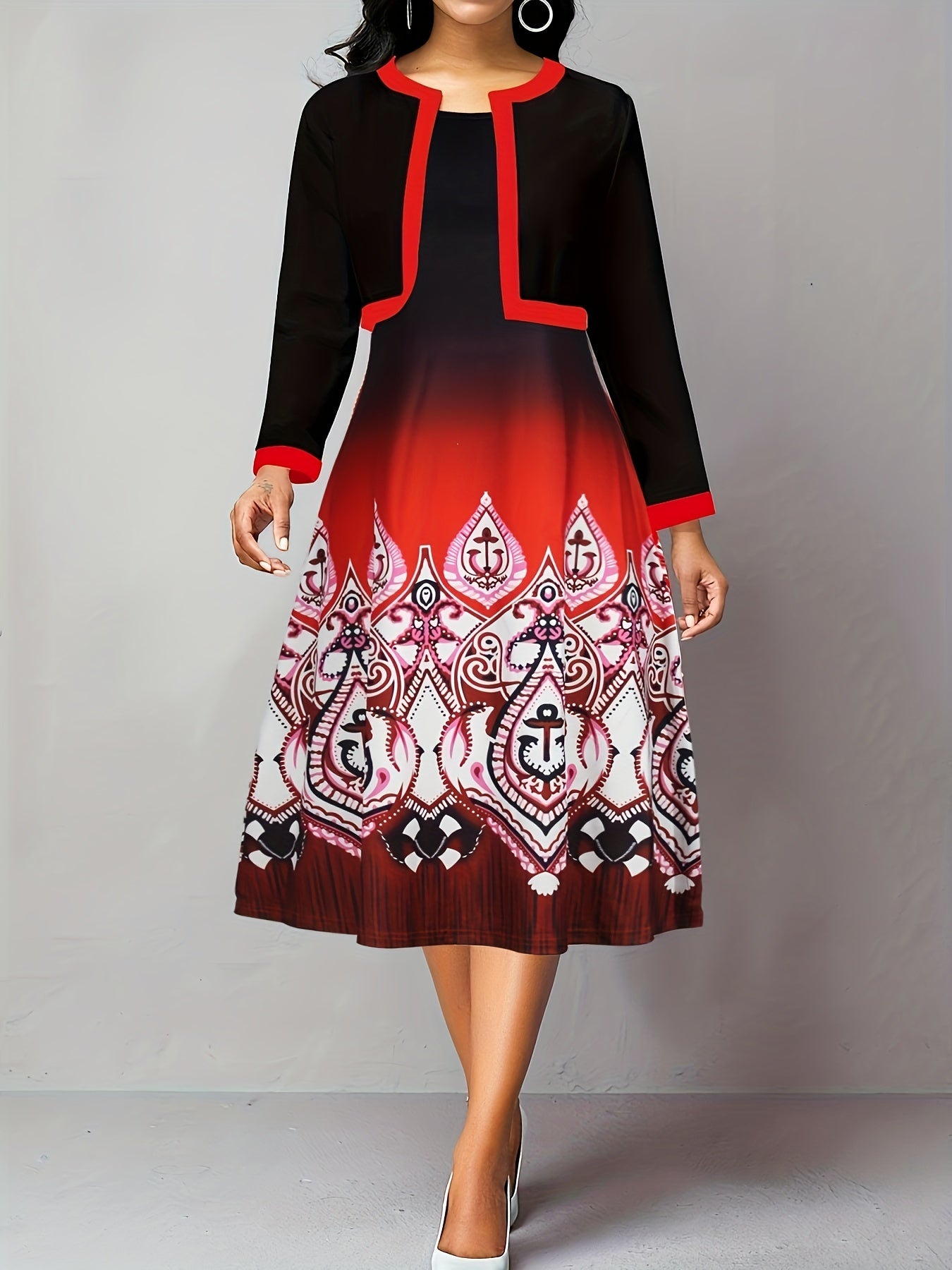 Paisley Print A-line Dress & Coat Outfit Set
