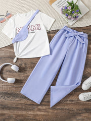 Girl's Letter T Shirt Set With Pants & Bag