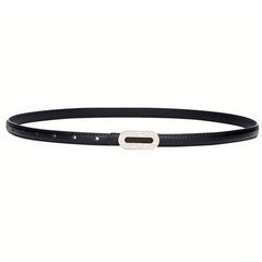 Vintage Thin Leather Belt with Rhinestone Inlaid Long Buckle