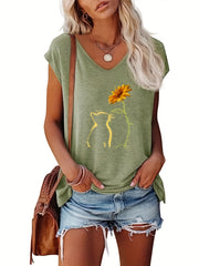 Cat & Sunflower Print Tank Top Cap Sleeve Women's Summer Casual Top