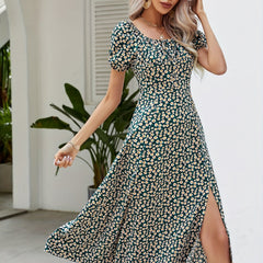 Floral Square Neck Split Dress Short Sleeve Spring Summer Women's Clothing