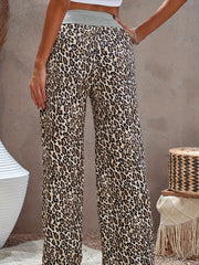 Leopard Print Drawstring Wide Leg Casual Sports Pants Comfy Loose
