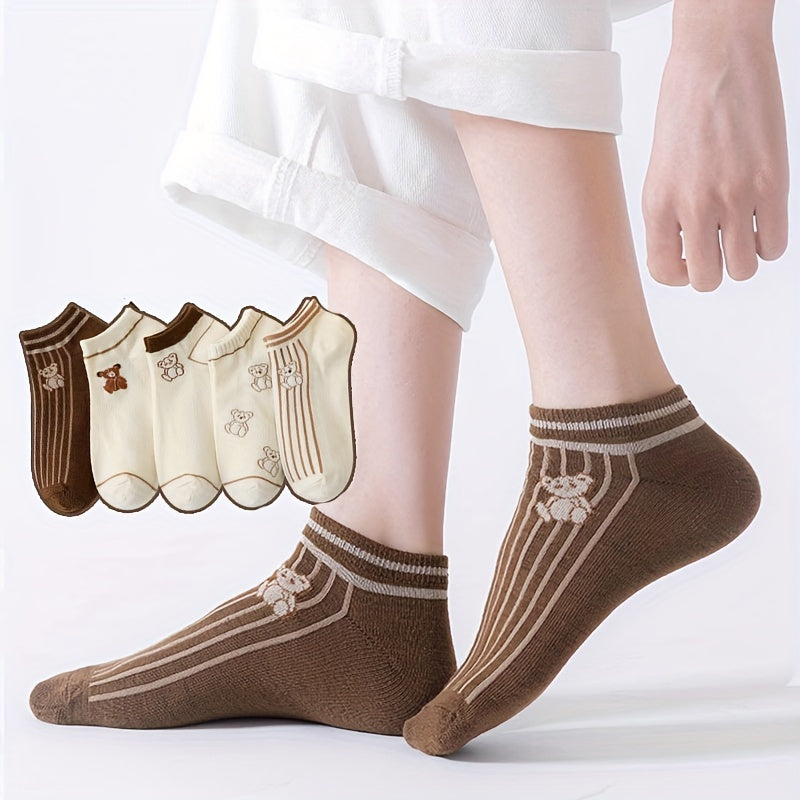5 Pairs Cartoon Bear Print Ankle Socks Women's Stockings