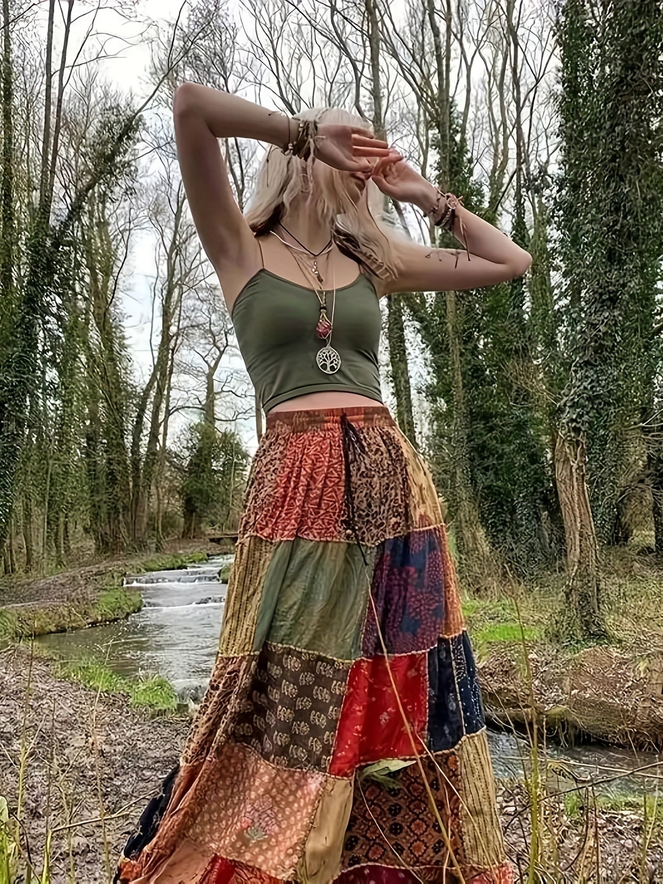 Plus Size Boho Skirt Patchwork Floral Print Drawstring Waist Maxi Skirt