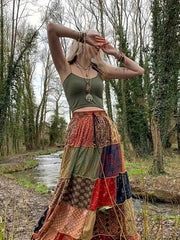 Plus Size Boho Skirt Patchwork Floral Print Drawstring Waist Maxi Skirt