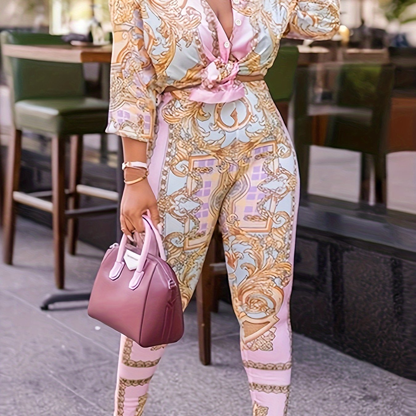 Boho 2 Piece Set: Baroque Print Blouse & Pants