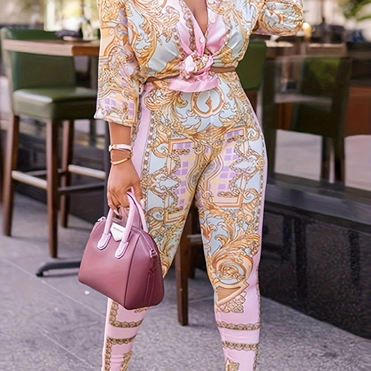 Boho 2 Piece Set: Baroque Print Blouse & Pants