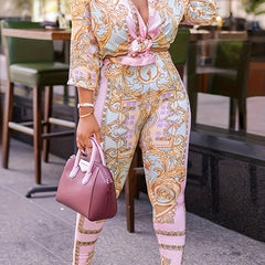 Boho 2 Piece Set: Baroque Print Blouse & Pants