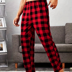 Men's Plaid Elastic Waist Pants Straight Leg Retro Casual Trousers