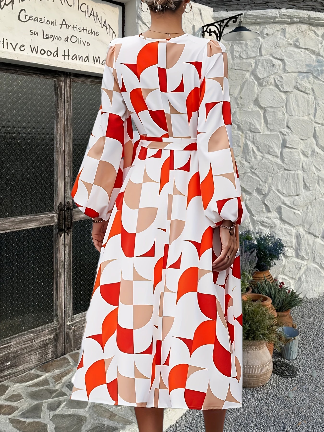 Geo Print Wrap Dress Lantern Long Sleeve Dress Women's Clothing