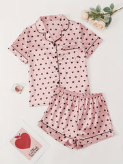 Heart Print Pajamas Set Short Sleeve Buttons Top & Shorts Women's Sleepwear