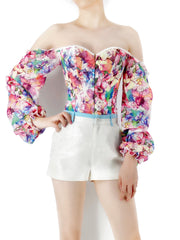 Floral Print Corset Bustier Ruffle Long Sleeve Lace Up Body Shaper