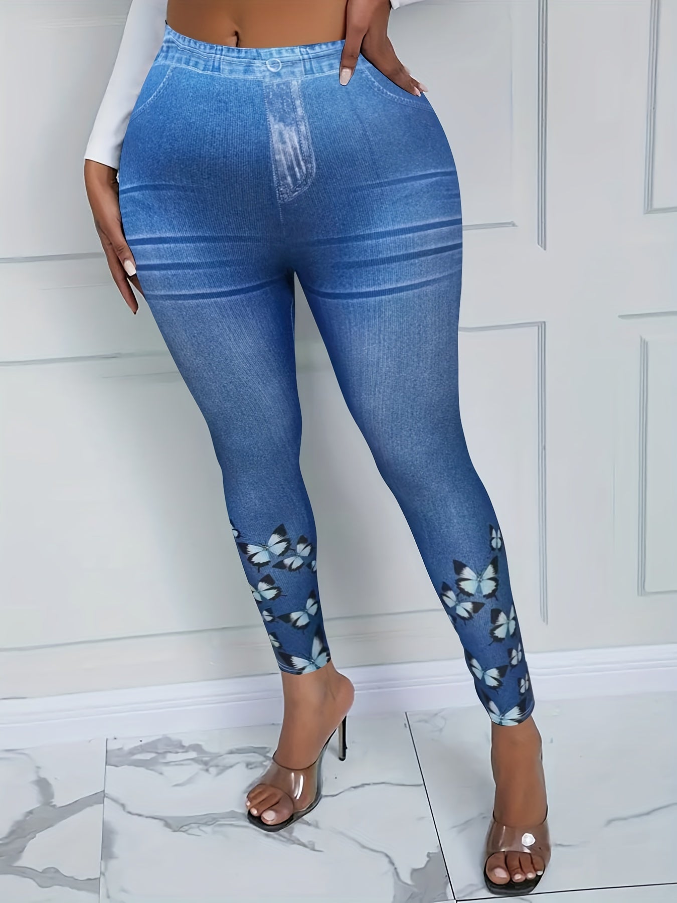 Denim & Butterfly Print Stretchy Leggings