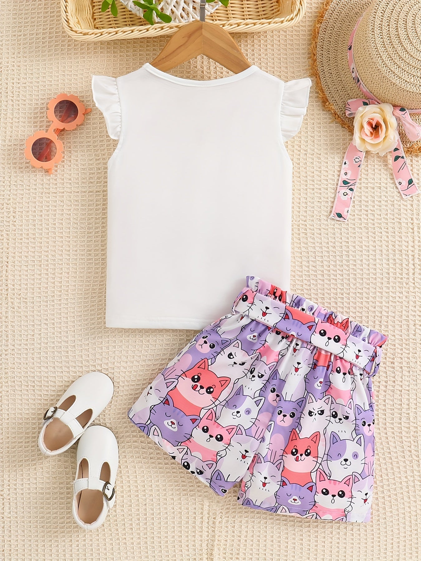 2pcs Toddler Girls Cat Graphic Ruffle Trim T Shirts Top & Shorts Set