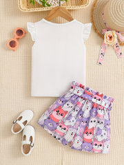 2pcs Toddler Girls Cat Graphic Ruffle Trim T Shirts Top & Shorts Set