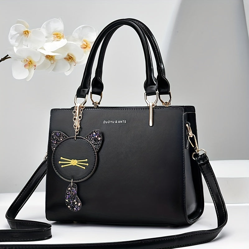 Letter Decor Square Tote Bag with Pendant Women's Shoulder Bag & Purse