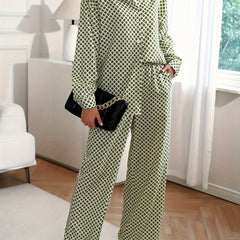 Argyle Print Blouse & Wide Leg Pants Set
