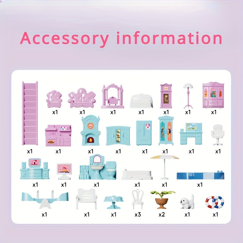 13-Room Dollhouse Villa Pink/Purple 3-Level Toy House Durable Plast