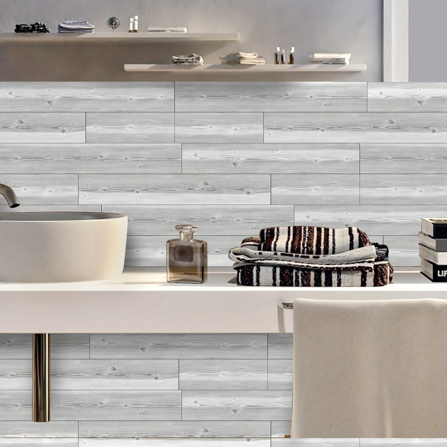 10pcs Gray Wood Peel & Stick Tiles 15x88 Waterproof for Bath & Kitchen