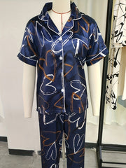 Heart Print Pajama Set Short Sleeve Buttons Top & Elastic Waistband Pants