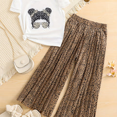 Girls Cartoon Portrait Print T-shirt & Polka Dot Pants Set for Summer