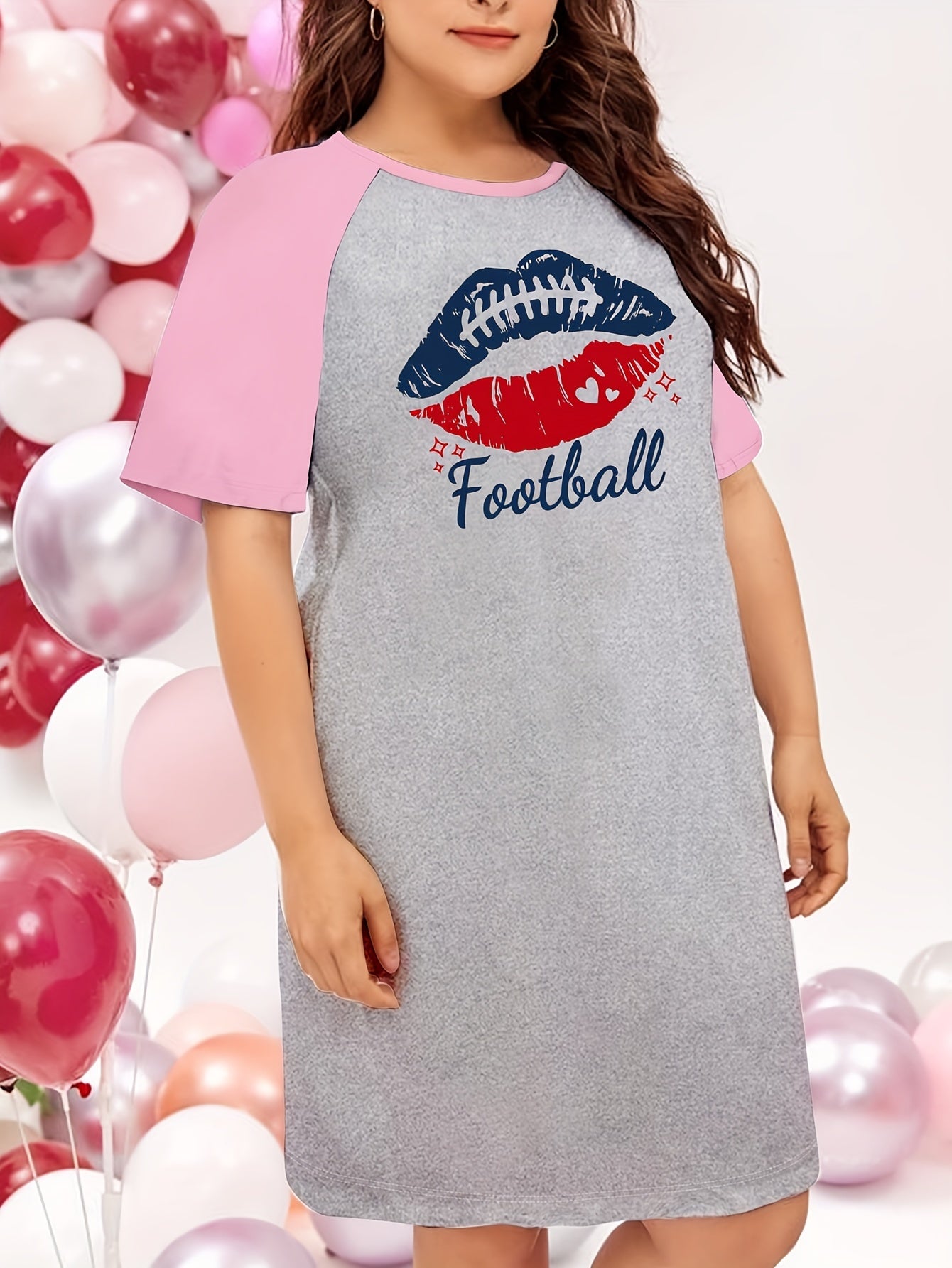 Kiss & Football Print Raglan Sleeve Round Neck Tee Sleep Dress