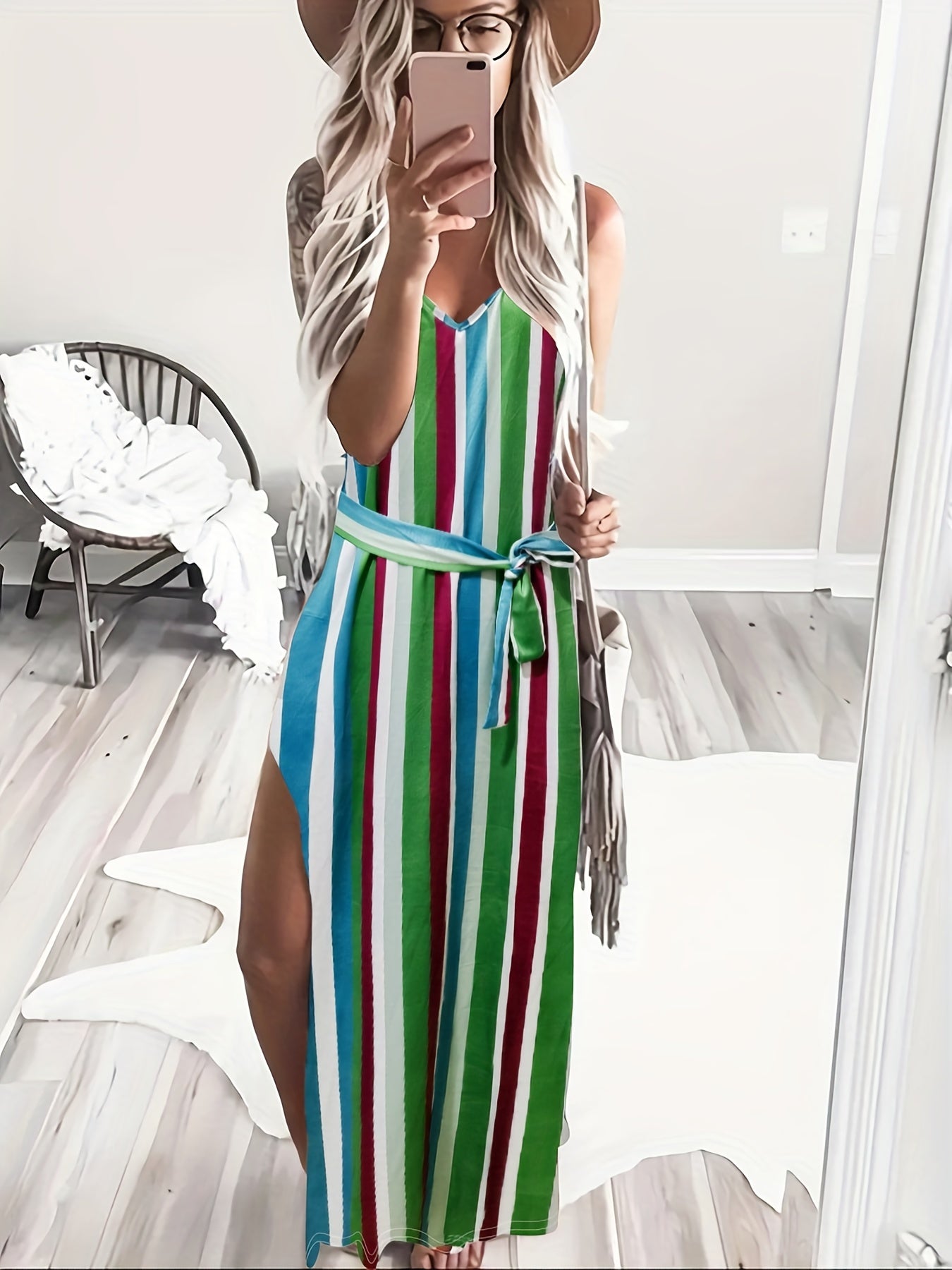 Striped Side Split Cami Dress Casual V neck Belted Spaghetti Dress