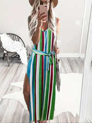 Striped Side Split Cami Dress Casual V neck Belted Spaghetti Dress